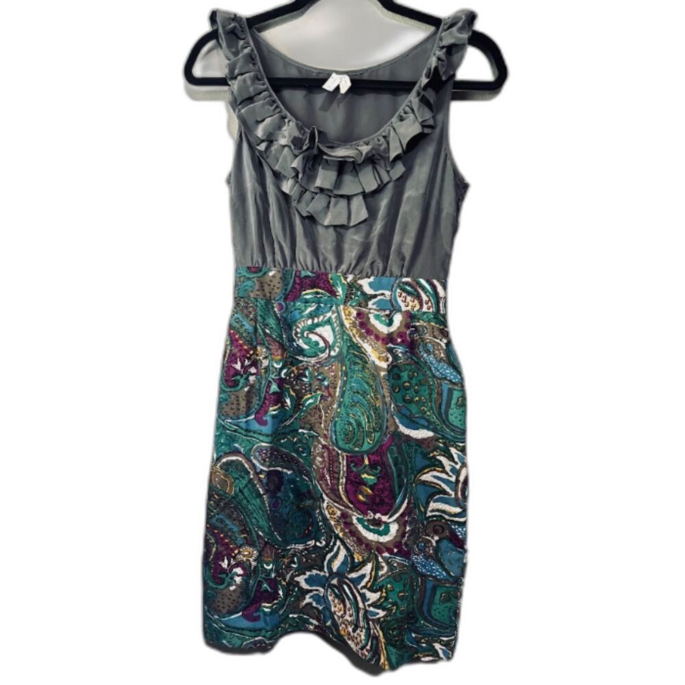 Maeve Silk Cotton Paisley Dress 2 Gray Teal Ruffle Neck‎ Sleeveless Sheath